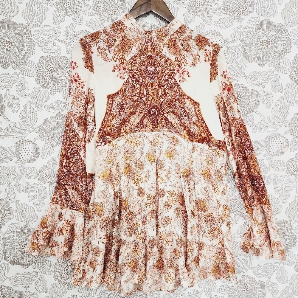 Free People Paisley Rayon Mini Tunic Dress Flare Sleeve Keyhole Tied Mock neck M